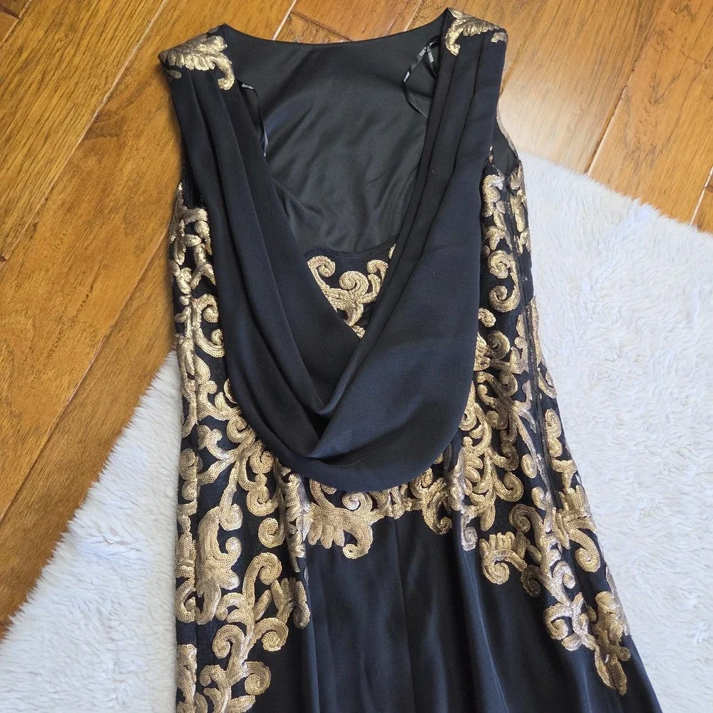 Tadashi Shoji Crepe Draped Open Back Gown Dress Women's 6 Black Gold Paillette